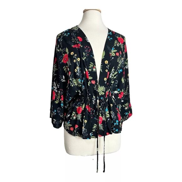 Floral Kimono Top XS Black Red Cinched Tie Front Express Wide Sleeve Rayon - Picture 2 of 8